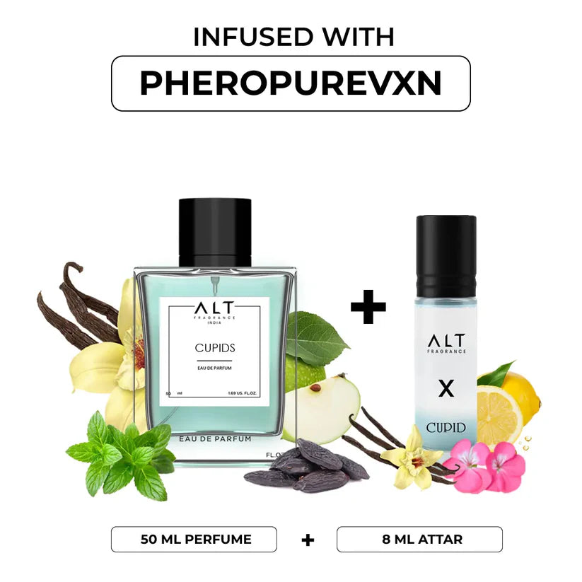 Two perfume bottles with ingredients and text 'Infused with PheropureVXN' on a white background.
