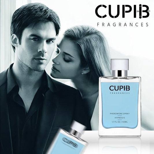 Advertisement for Cupib Fragrances with a man and woman and a bottle of the product.