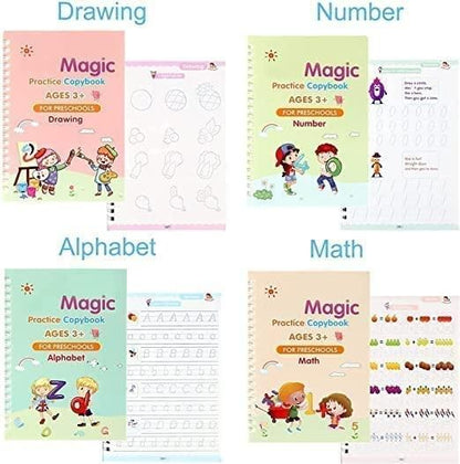 Magic Practice Copybook for Kids – 4-in-1 Reusable Handwriting Book Set with Magic Pen (Alphabet, Numbers, Math & Drawing)