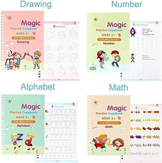 Magic Practice Copybook for Kids – 4-in-1 Reusable Handwriting Book Set with Magic Pen (Alphabet, Numbers, Math & Drawing)