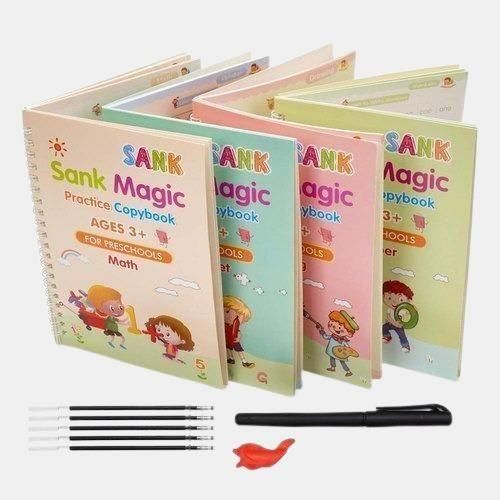 Magic Practice Copybook for Kids – 4-in-1 Reusable Handwriting Book Set with Magic Pen (Alphabet, Numbers, Math & Drawing)