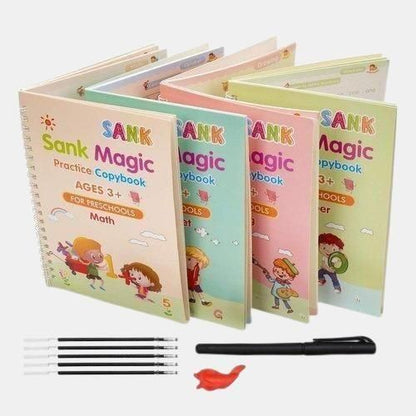Magic Practice Copybook for Kids – 4-in-1 Reusable Handwriting Book Set with Magic Pen (Alphabet, Numbers, Math & Drawing)