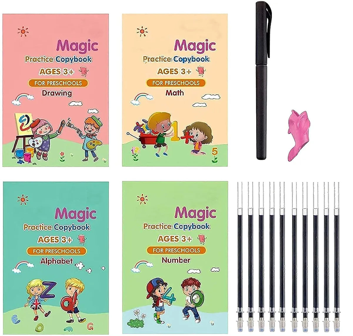 Magic Practice Copybook for Kids – 4-in-1 Reusable Handwriting Book Set with Magic Pen (Alphabet, Numbers, Math & Drawing)