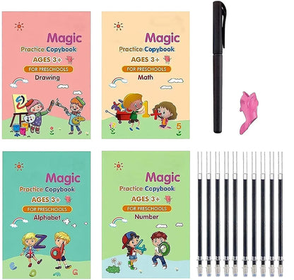 Magic Practice Copybook for Kids – 4-in-1 Reusable Handwriting Book Set with Magic Pen (Alphabet, Numbers, Math & Drawing)