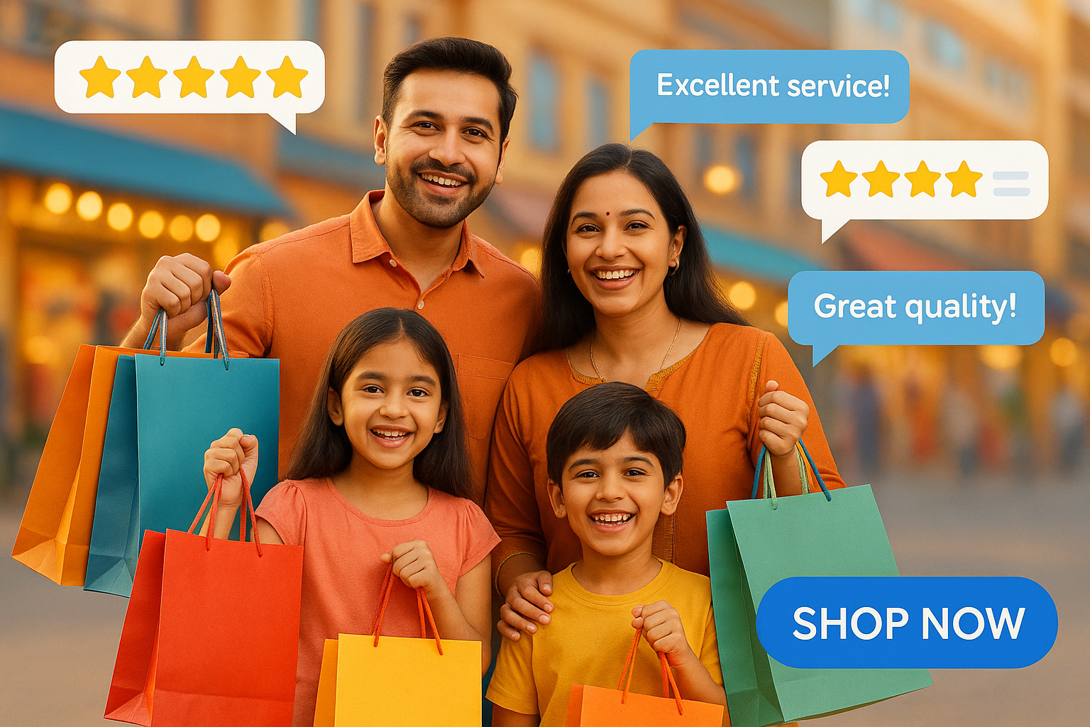 happy indian family image with shopping including their review and shop now button in blue colour